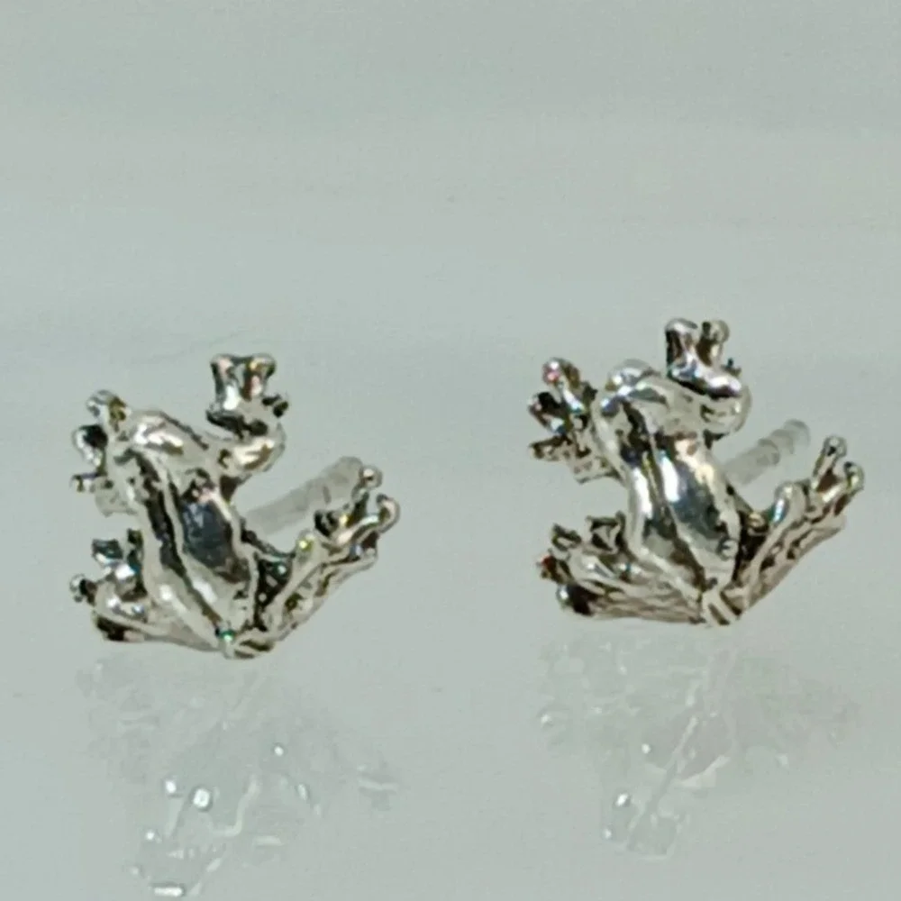Vintage 90s Sterling Silver 925‎ Frog Stud Earrings Animal Nature Jewelry  - New